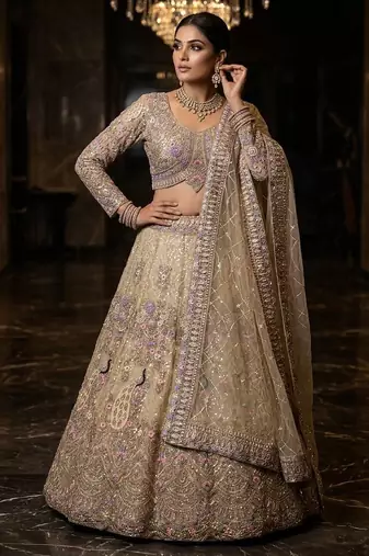 BEIGE BUTTERFLY NET PARTY WEAR EMBROIDERY LEHNGHA CHOLI 