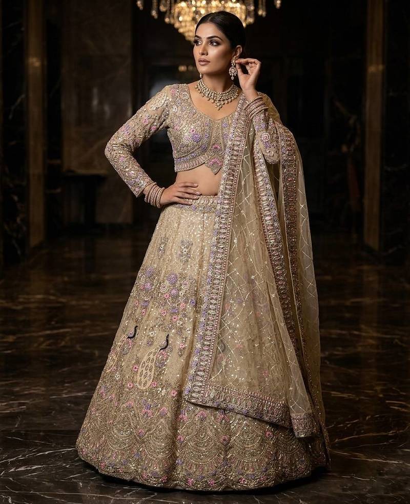 BEIGE BUTTERFLY NET PARTY WEAR EMBROIDERY LEHNGHA CHOLI 