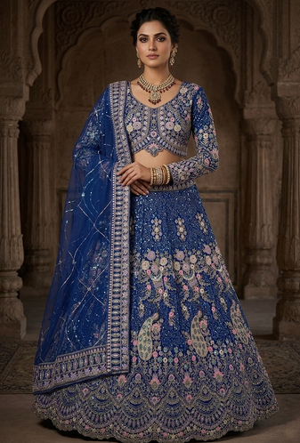 BLUE BUTTERFLY NET PARTY WEAR EMBROIDERY LEHNGHA CHOLI
