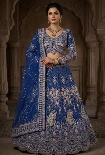 BLUE BUTTERFLY NET PARTY WEAR EMBROIDERY LEHNGHA CHOLI