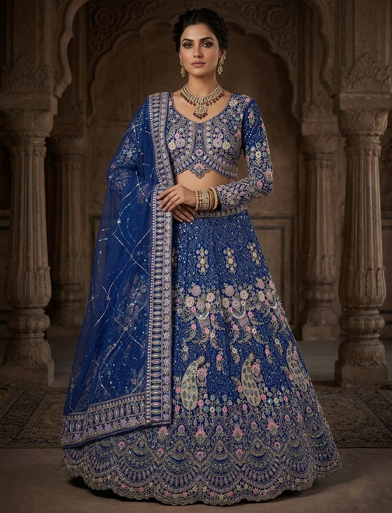 BLUE BUTTERFLY NET PARTY WEAR EMBROIDERY LEHNGHA CHOLI