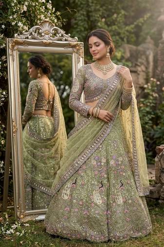 GREEN BUTTERFLY NET PARTY WEAR EMBROIDERY LEHNGHA CHOLI 
