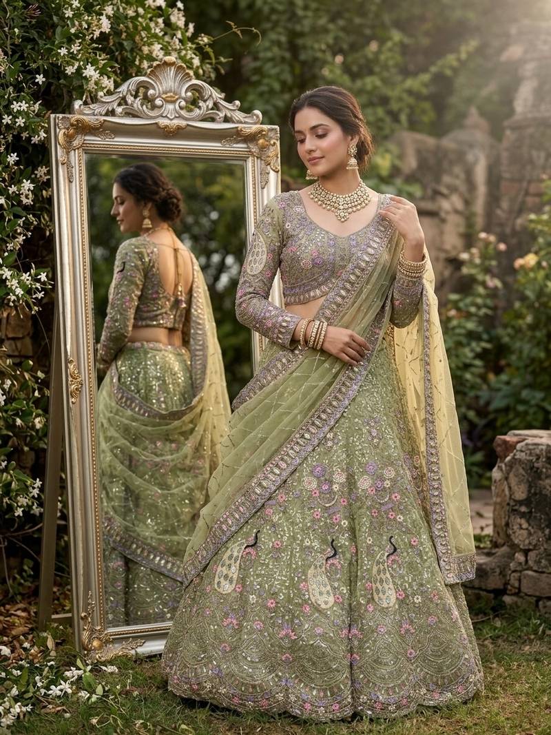 GREEN BUTTERFLY NET PARTY WEAR EMBROIDERY LEHNGHA CHOLI 