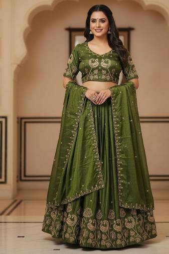 Mehendi Womens designer Lehenga Choli with Embroidered Dupatta