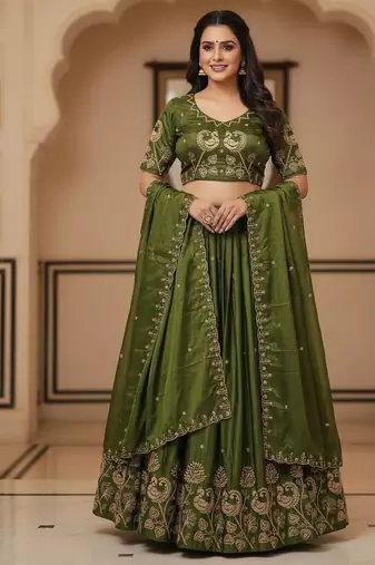 Mehendi Womens designer Lehenga Choli with Embroidered Dupatta