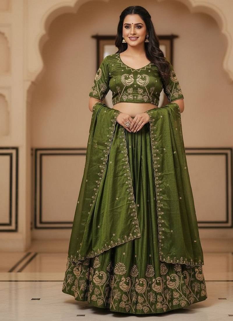 Mehendi Womens designer Lehenga Choli with Embroidered Dupatta