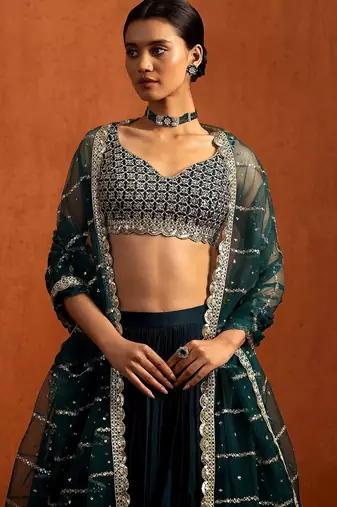 teal embroidered chinon silk lehenga for women