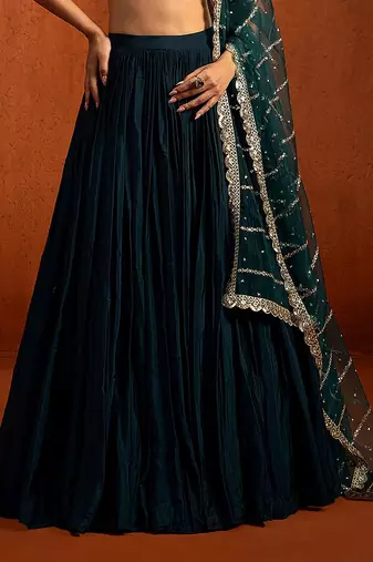 teal embroidered chinon silk lehenga for women