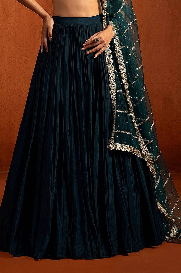 Teal Embroidered Chinon Silk Lehenga For Women's