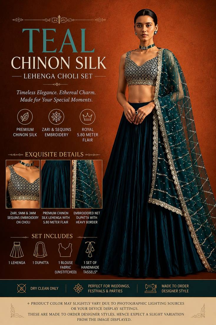 Teal Embroidered Chinon Silk Lehenga For Women's