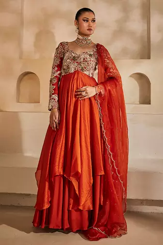 Rust orange embroidered silk organza anarkali set