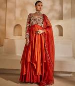 Rust orange embroidered silk organza anarkali set