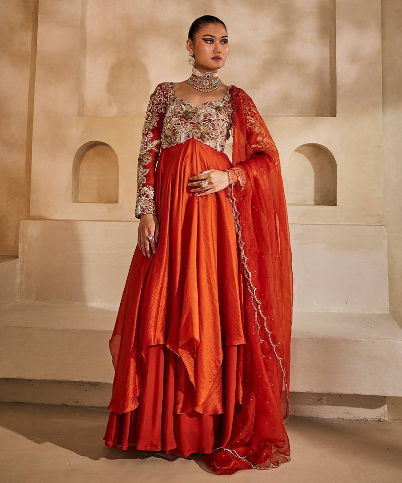 Rust orange embroidered silk organza anarkali set