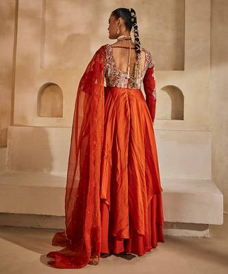Rust orange embroidered silk organza anarkali set 2
