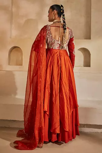 Rust orange embroidered silk organza anarkali set