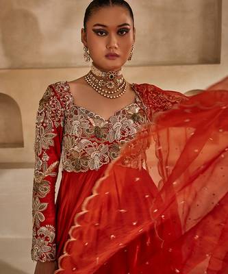 Rust orange embroidered silk organza anarkali set 3