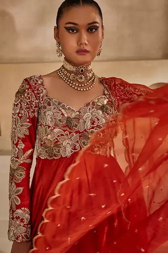 Rust orange embroidered silk organza anarkali set