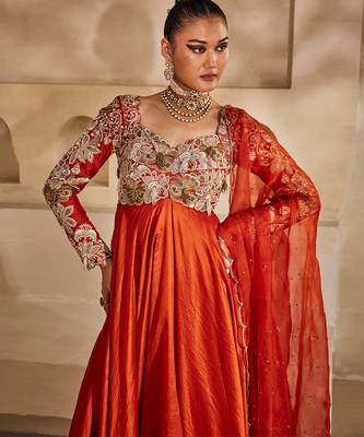 Rust orange embroidered silk organza anarkali set 4
