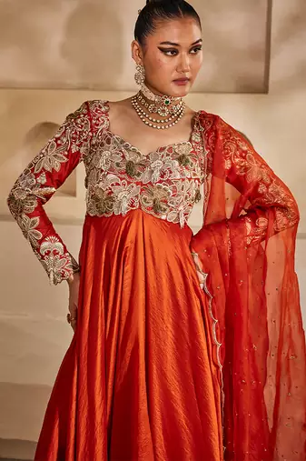 Rust orange embroidered silk organza anarkali set