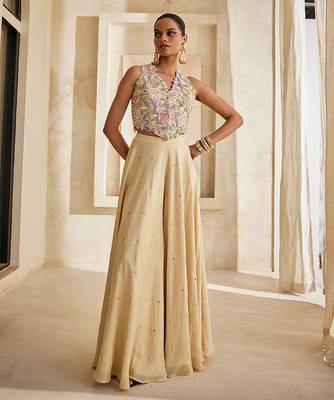 Butter yellow embroidered raw silk co ord set 1