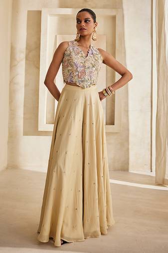 Butter yellow embroidered raw silk co ord set