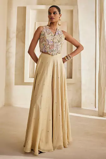 Butter yellow embroidered raw silk co ord set