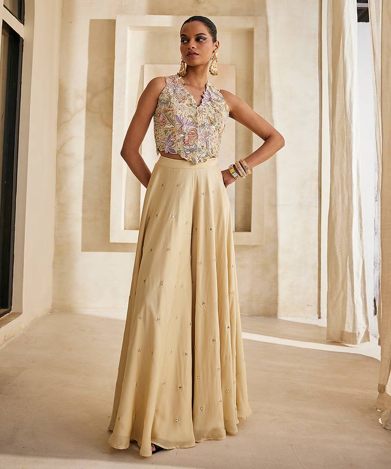 Butter yellow embroidered raw silk co ord set