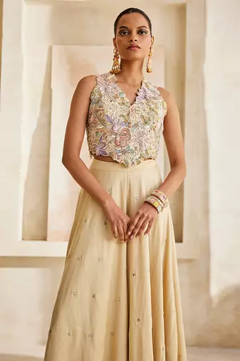 Butter yellow embroidered raw silk co ord set