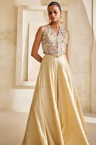 Butter yellow embroidered raw silk co ord set