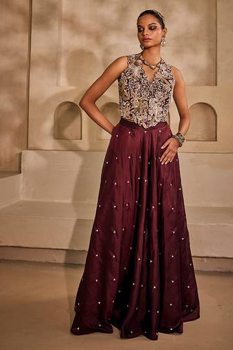 Marsala wine embroidered silk organza co ord set