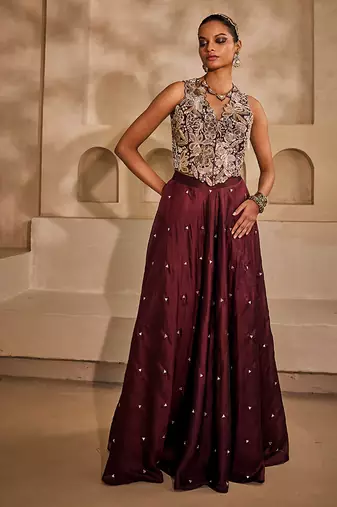 Marsala wine embroidered silk organza co ord set