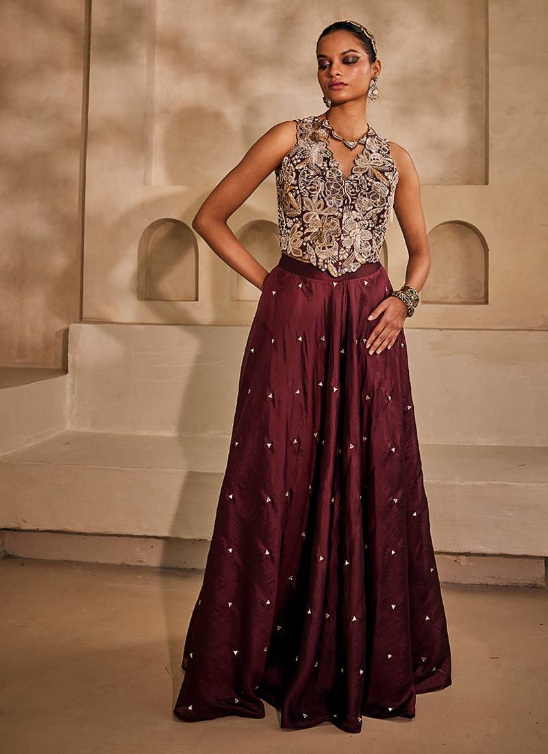 Marsala wine embroidered silk organza co ord set