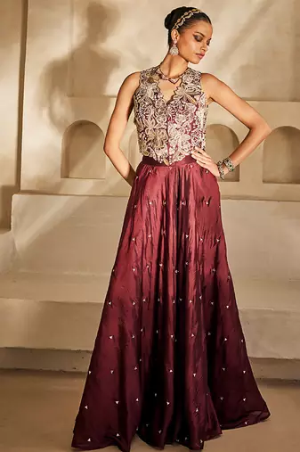 Marsala wine embroidered silk organza co ord set