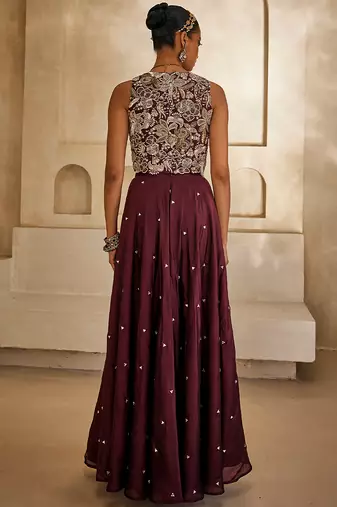 Marsala wine embroidered silk organza co ord set