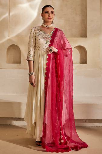 Off white embroidered raw silk anarkali set