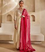 Off white embroidered raw silk anarkali set