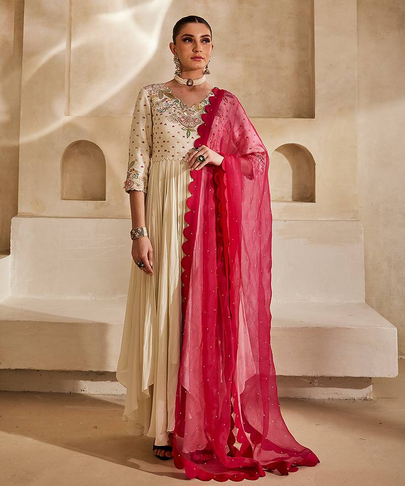 Off white embroidered raw silk anarkali set