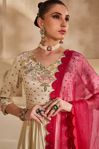 Off white embroidered raw silk anarkali set