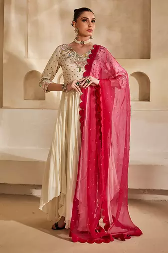 Off white embroidered raw silk anarkali set
