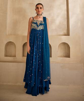 Deep sea blue embroidered raw silk anarkali set 1