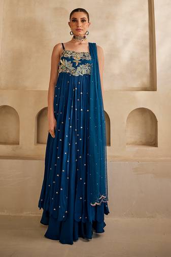 Deep sea blue embroidered raw silk anarkali set