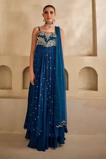 Deep sea blue embroidered raw silk anarkali set