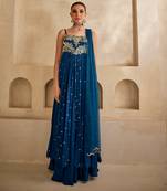 Deep sea blue embroidered raw silk anarkali set