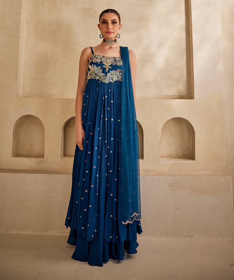 Deep sea blue embroidered raw silk anarkali set