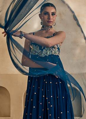 Deep sea blue embroidered raw silk anarkali set 2