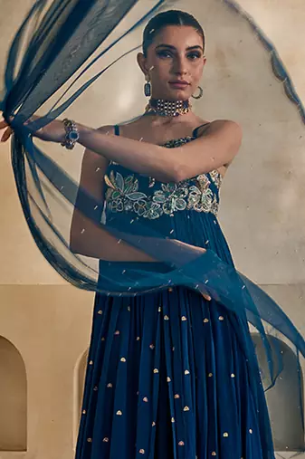 Deep sea blue embroidered raw silk anarkali set