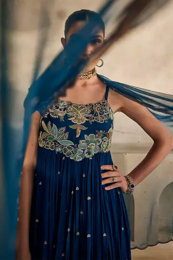 Deep sea blue embroidered raw silk anarkali set
