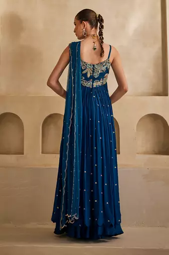 Deep sea blue embroidered raw silk anarkali set