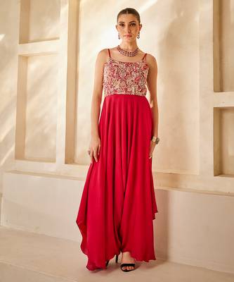 Raspberry red embroidered raw silk jumpsuit 1