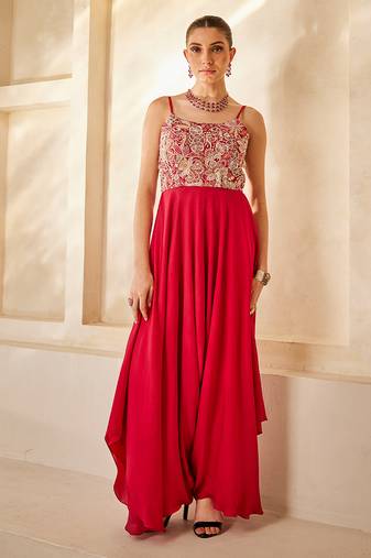 Raspberry red embroidered raw silk jumpsuit